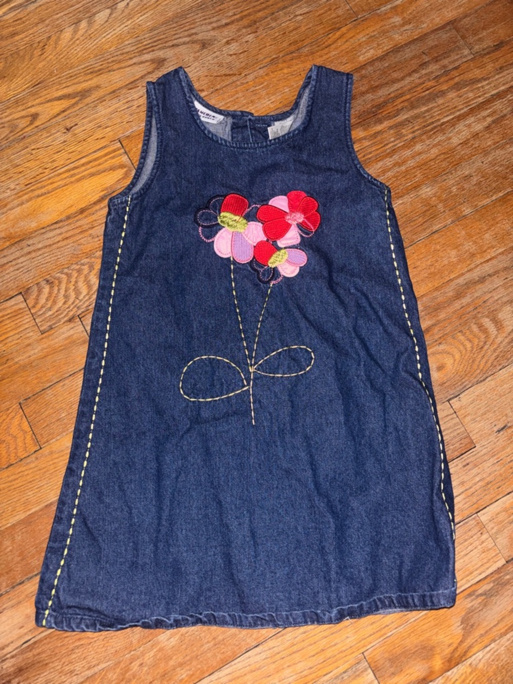 Blueberi Boulevard Denim Dress with Pink & Red Floral Applique